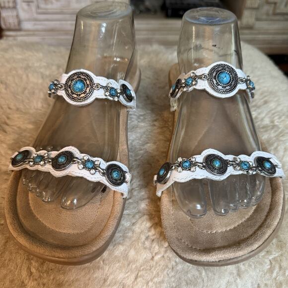 Minnetonka White Leather Boca Slide III Sandals Sz 9 Turquoise Conchos Tribal - Picture 7 of 9